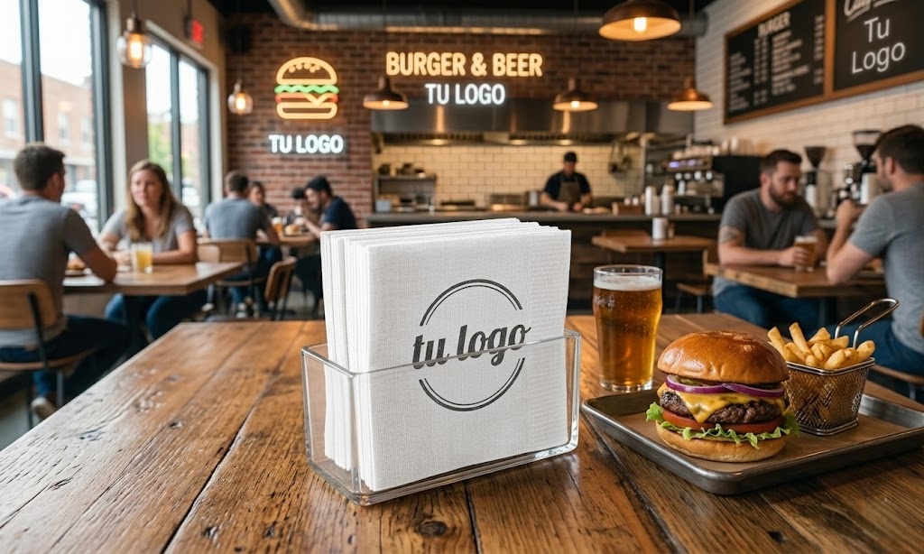 Servilleta económica blanca 15x15 cm con logo en dispensador hamburguesería bar México