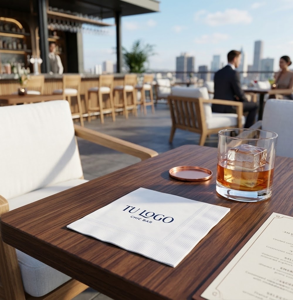 Servilleta fina blanca personalizada con logo Tu Logo en bar rooftop de lujo Ciudad de México
