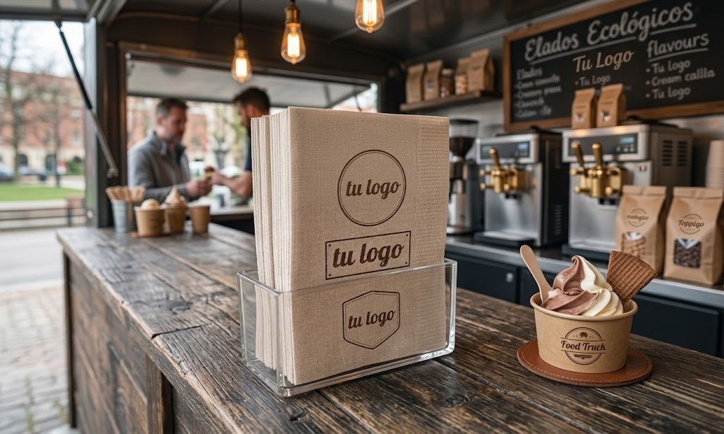 Servilleta kraft rectangular dispensador 25x15 cm con logo en food truck México